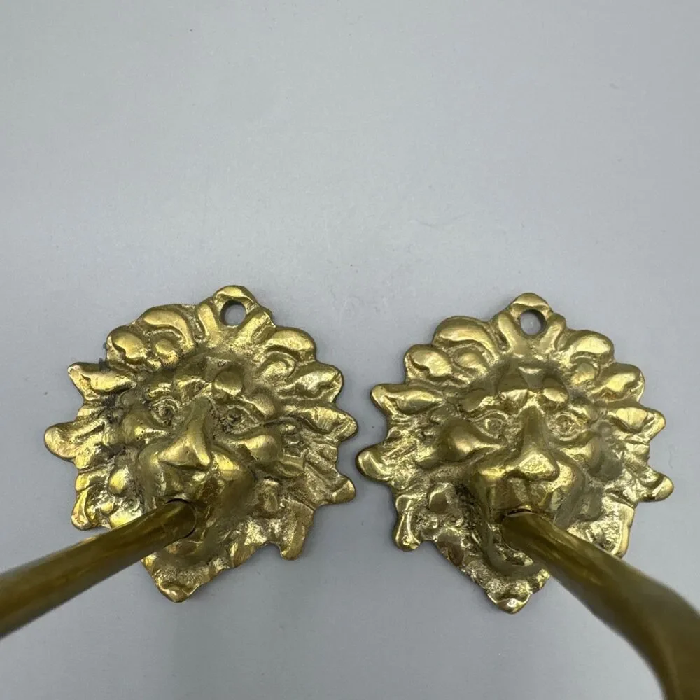 Vintage Brass Lion Head Curtain Holdbacks Tiebacks Wall Hooks Pair Mid Century